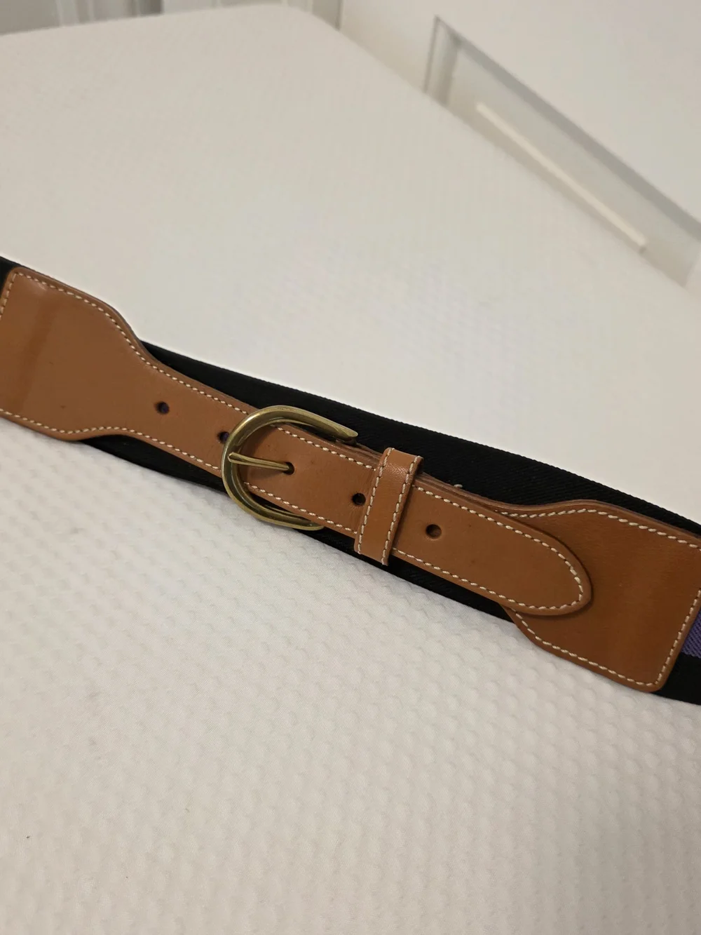 EC J. McLaughlin Black & Purple Striped Stretch Belt Brown Leather Trim Sz L/XL